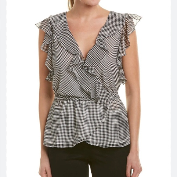 MAX Studio Surplice Wrap Ruffle Trim Sleeveless Blouse Gingham Poly Chiffon - Picture 2 of 9